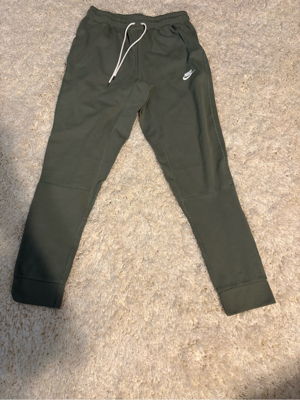 Nike Olive Green Men's Fleece Joggers with White Drawstring